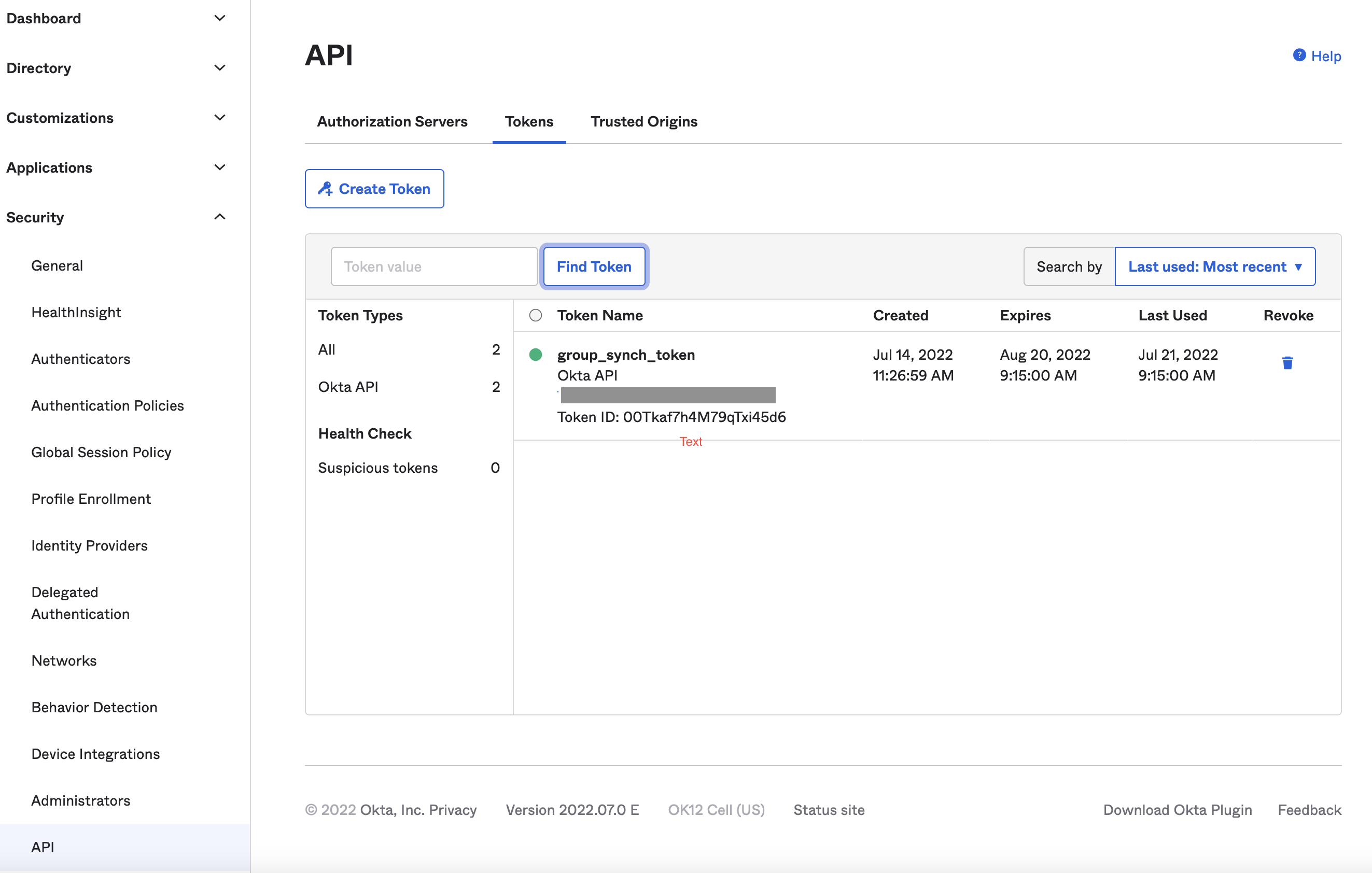 Okta API token creation